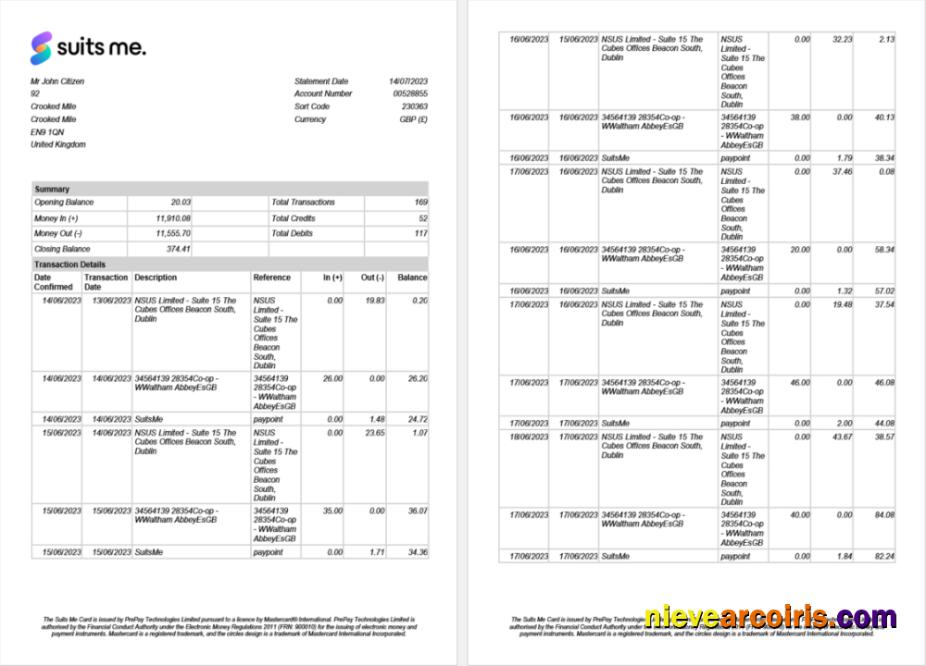United Kingdom Suits Me bank statement Word and PDF, 2 pages
